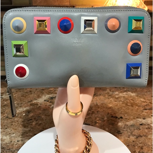 FENDI Vitello Liberty Multicolor Studded Leather Zip Around Wallet ππβ€οΈ - Picture 3 of 17